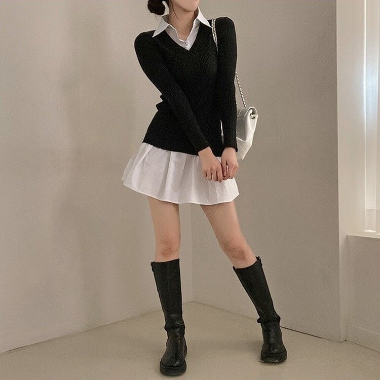 프리시크 레이어드 셔츠 미니 원피스 블랙