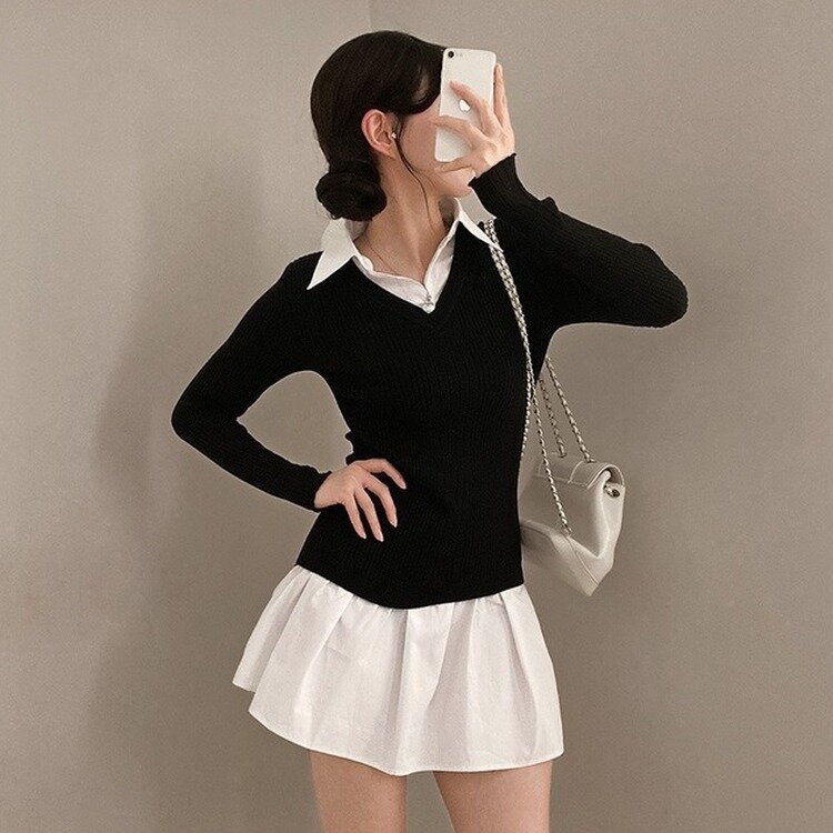 프리시크 레이어드 셔츠 미니 원피스 블랙