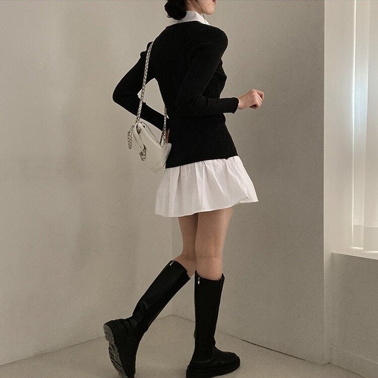 프리시크 레이어드 셔츠 미니 원피스 블랙