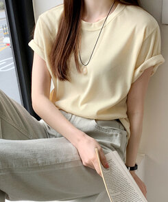 半袖Tシャツ ライブリブ編み半袖Tシャツ6色 SOFT YELLOW