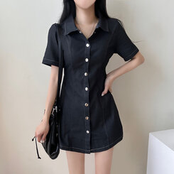 デニムピンタックカラー半袖ミニワンピース｜ミニワンピース｜韓国