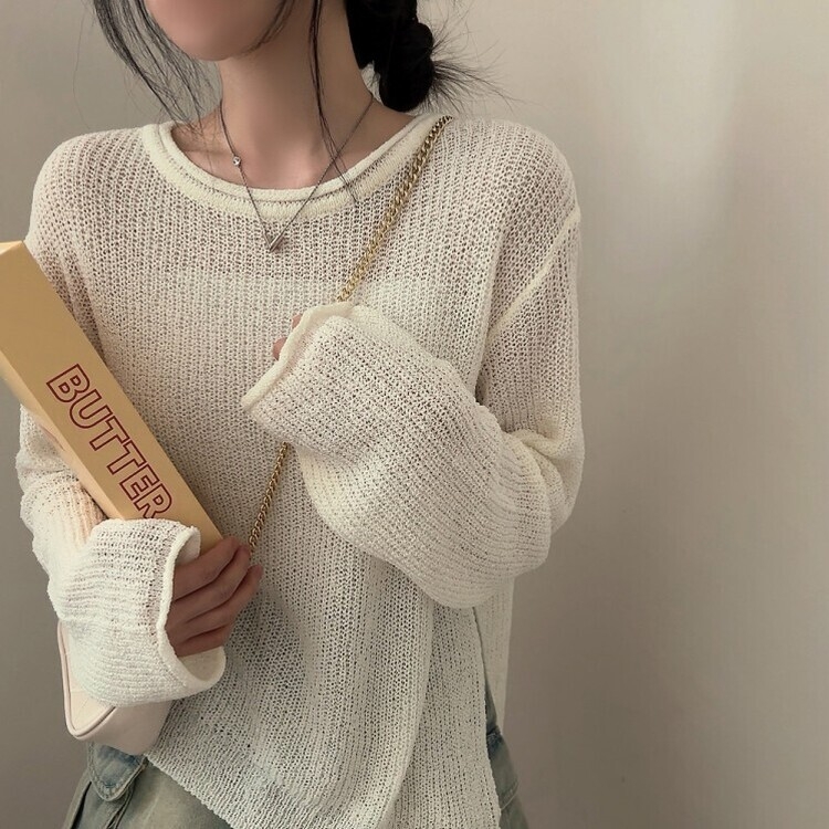 ラウンドシースルースリットルーズ長袖ニット5色 IVORY