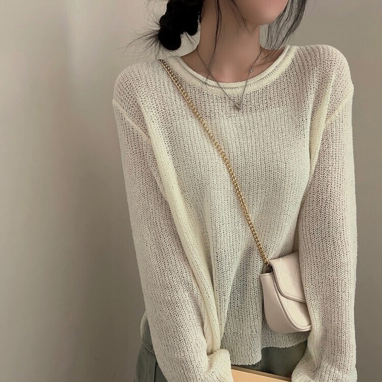 ラウンドシースルースリットルーズ長袖ニット5色 IVORY