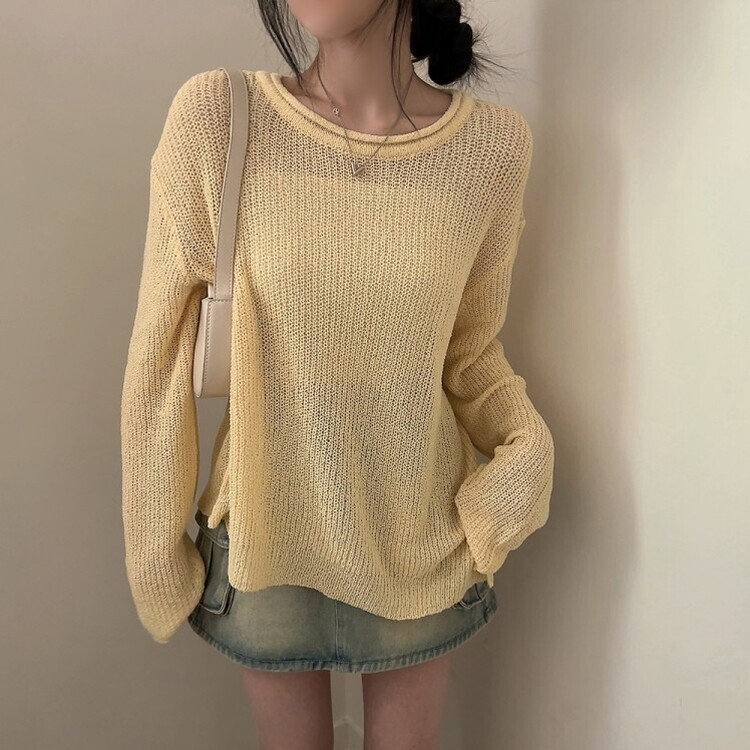 ラウンドシースルースリットルーズ長袖ニット5色 YELLOW