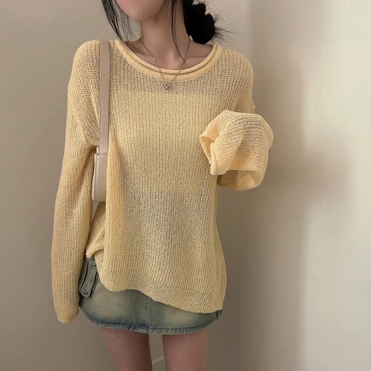 ラウンドシースルースリットルーズ長袖ニット5色 YELLOW