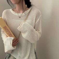 ニット ラウンドシースルースリットルーズ長袖ニット5色 IVORY