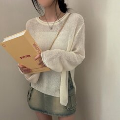 ニット ラウンドシースルースリットルーズ長袖ニット5色 IVORY