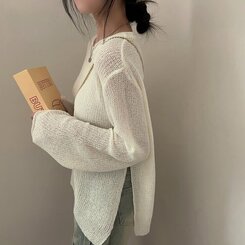ニット ラウンドシースルースリットルーズ長袖ニット5色 IVORY
