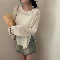 ニット ラウンドシースルースリットルーズ長袖ニット5色 IVORY