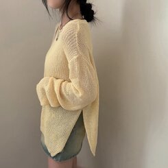 ニット ラウンドシースルースリットルーズ長袖ニット5色 YELLOW