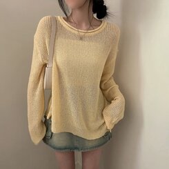ニット ラウンドシースルースリットルーズ長袖ニット5色 YELLOW