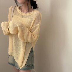 ニット ラウンドシースルースリットルーズ長袖ニット5色 YELLOW