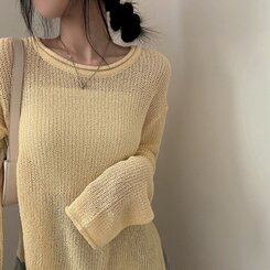 ニット ラウンドシースルースリットルーズ長袖ニット5色 YELLOW
