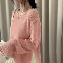 ニット ラウンドシースルースリットルーズ長袖ニット5色 PINK