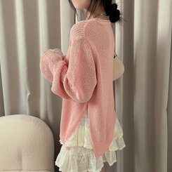 ニット ラウンドシースルースリットルーズ長袖ニット5色 PINK