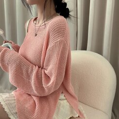ニット ラウンドシースルースリットルーズ長袖ニット5色 PINK