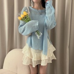 ニット ラウンドシースルースリットルーズ長袖ニット5色 AQUA