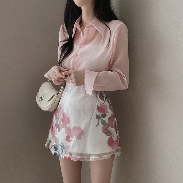 【韓国発】フラワーシースループリーツミニスカートセットアップ SET】フラワーシースルーシャツ ミニスカート｜ツーピース｜韓国