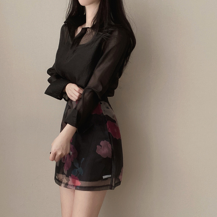 SET】フラワーシースルーシャツ ミニスカート｜ツーピース｜韓国