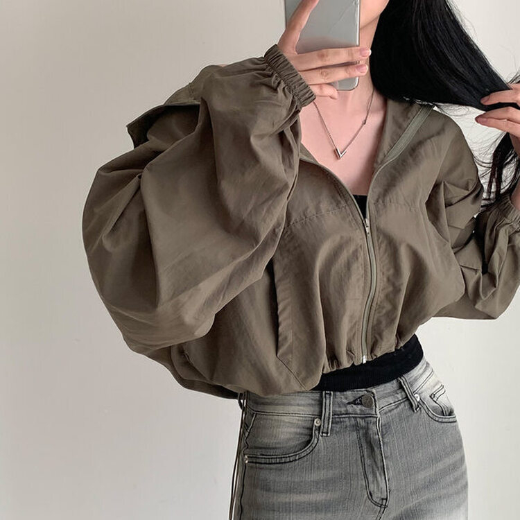 カンガルークロップフードストリングウィンドブレーカー5色 KHAKI