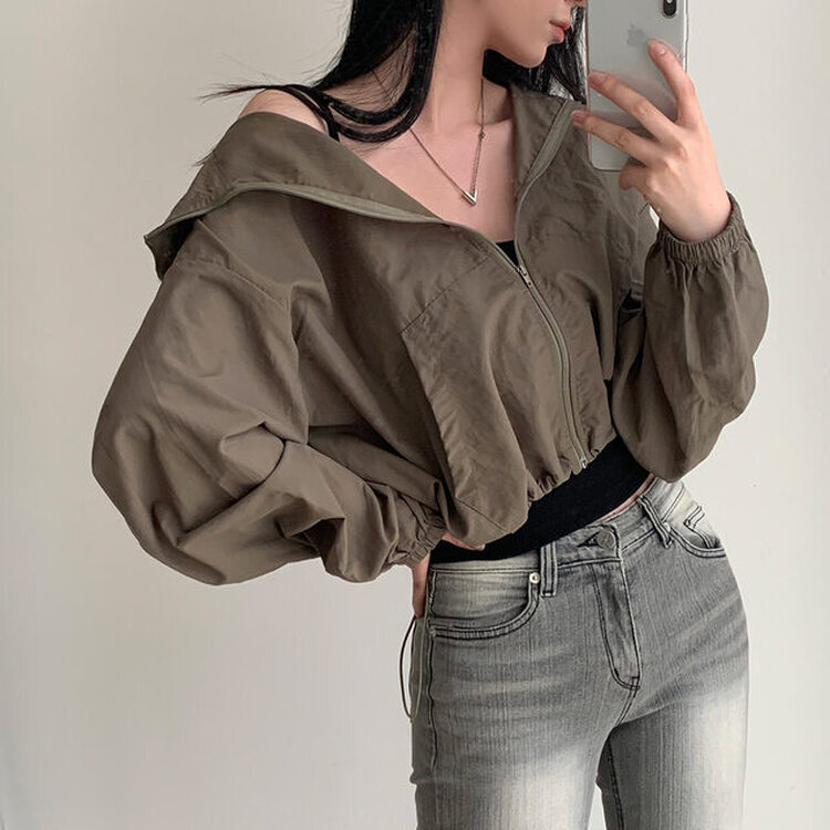 カンガルークロップフードストリングウィンドブレーカー5色 KHAKI