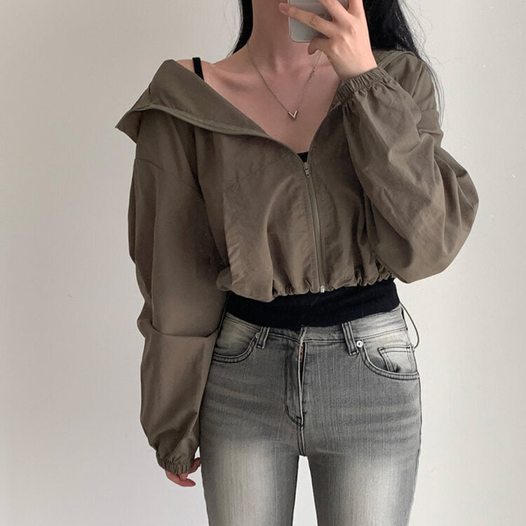 カンガルークロップフードストリングウィンドブレーカー5色 KHAKI