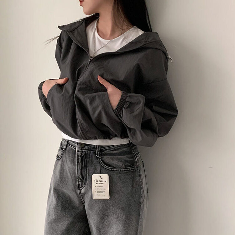 カンガルークロップフードストリングウィンドブレーカー5色 DEEP GRAY