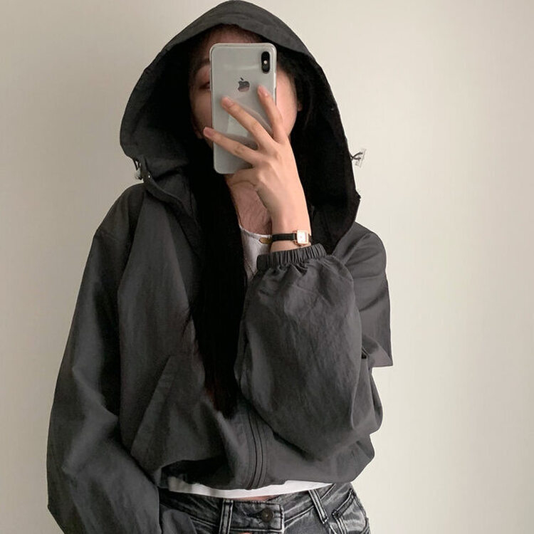 カンガルークロップフードストリングウィンドブレーカー5色 DEEP GRAY