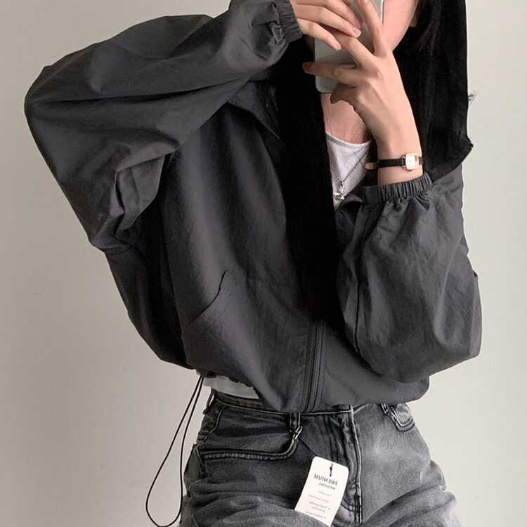 カンガルークロップフードストリングウィンドブレーカー5色 DEEP GRAY