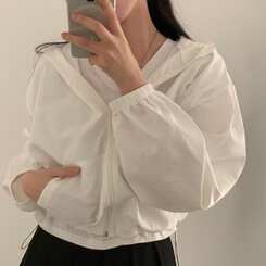 カンガルークロップフードストリングウィンドブレーカー5色 WHITE