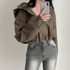 カンガルークロップフードストリングウィンドブレーカー5色 KHAKI