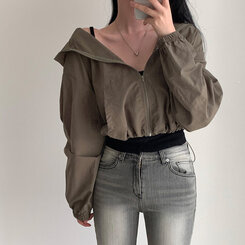 カンガルークロップフードストリングウィンドブレーカー5色 KHAKI