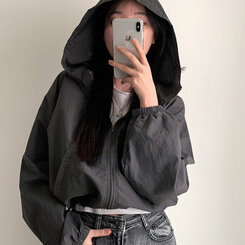 カンガルークロップフードストリングウィンドブレーカー5色 DEEP GRAY