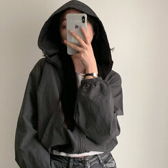 カンガルークロップフードストリングウィンドブレーカー5色 DEEP GRAY