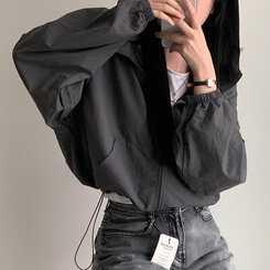 カンガルークロップフードストリングウィンドブレーカー5色 DEEP GRAY