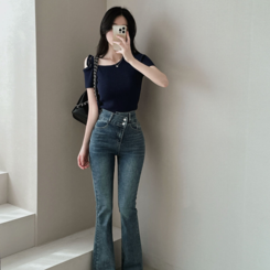 ニット アンバランスオフショルダーリボン半袖リブニット5色 NAVY