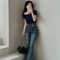 ニット アンバランスオフショルダーリボン半袖リブニット5色 NAVY