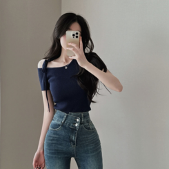 ニット アンバランスオフショルダーリボン半袖リブニット5色 NAVY