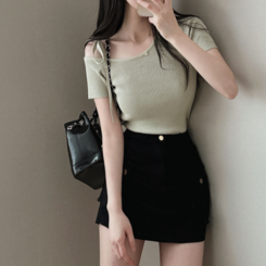 ニット アンバランスオフショルダーリボン半袖リブニット5色 KHAKI