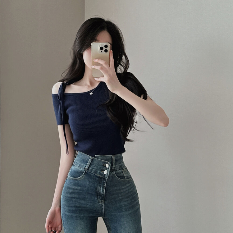 アンバランスオフショルダーリボン半袖リブニット5色 NAVY