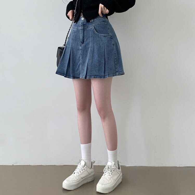 AIグラビア美女 教会でのポートレート デニムミニスカート A4版 Aラインプリーツデニムミニスカート｜ミニスカート｜韓国ファッション