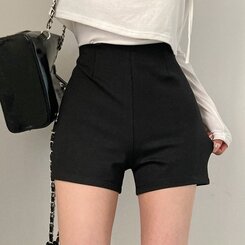 ショートパンツ ハイウエストピンタックスパンショートパンツ BLACK
