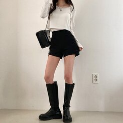 ショートパンツ ハイウエストピンタックスパンショートパンツ BLACK