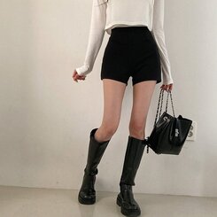 ショートパンツ ハイウエストピンタックスパンショートパンツ BLACK