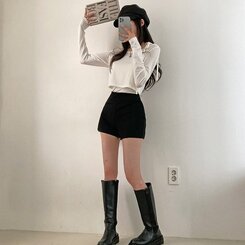 ショートパンツ ハイウエストピンタックスパンショートパンツ BLACK