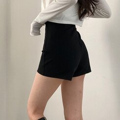 ショートパンツ ハイウエストピンタックスパンショートパンツ BLACK