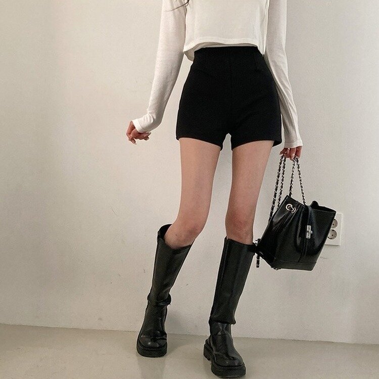 내다리에 착붙 하이웨스트 쫀쫀 핀턱 스판 하프 반바지 숏팬츠 블랙
