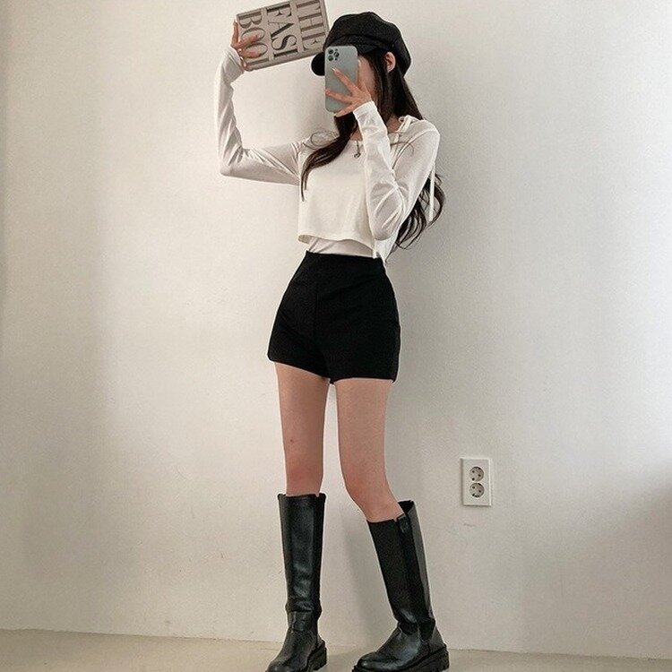 내다리에 착붙 하이웨스트 쫀쫀 핀턱 스판 하프 반바지 숏팬츠 블랙