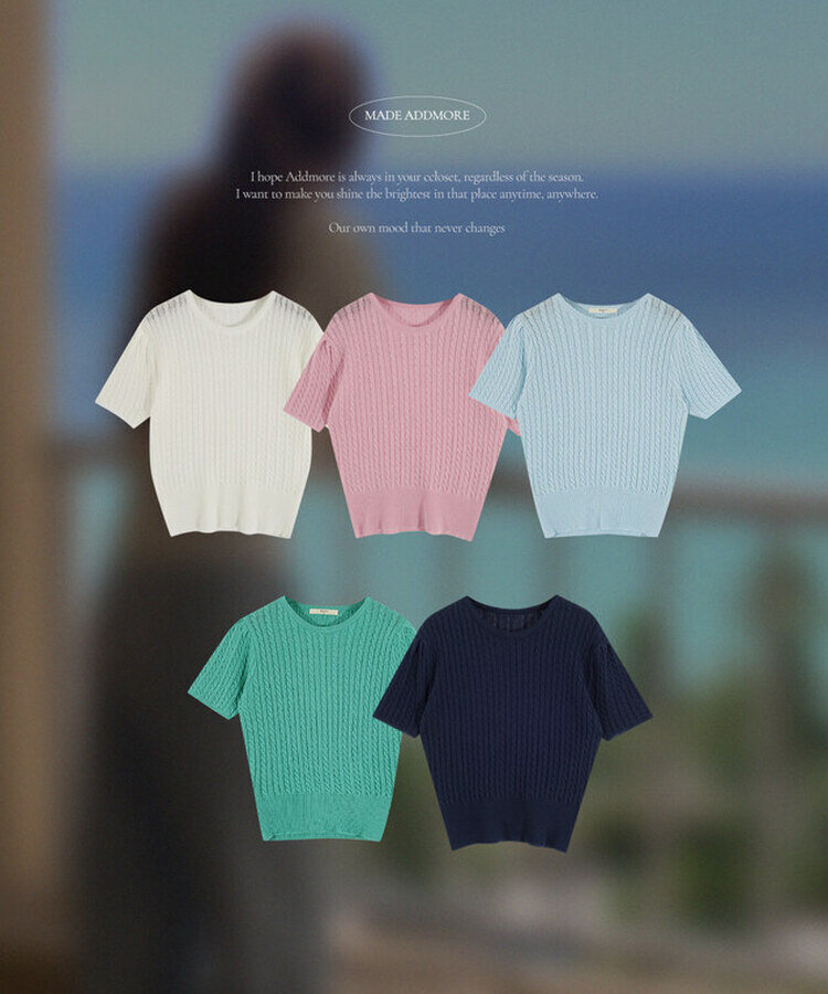 ケーブル編みシャーリング半袖ニット5色