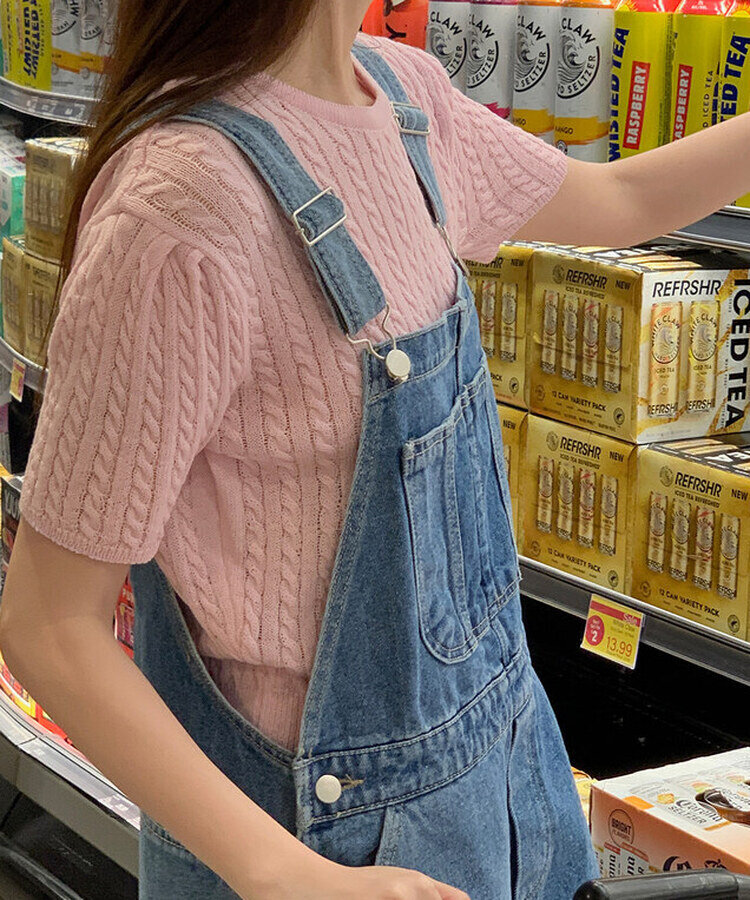 ケーブル編みシャーリング半袖ニット5色 PINK